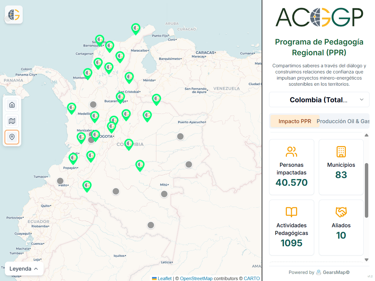 Captura del Visor PPR ACGGP: mapa de Colombia con las ubicaciones del programa y un panel de indicadores